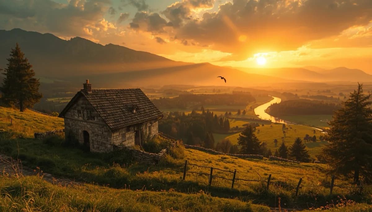 Bauernhof im Alpenraum bei Sonnenuntergang — Garden Eden sucht Höfe und Land im DACH-Raum