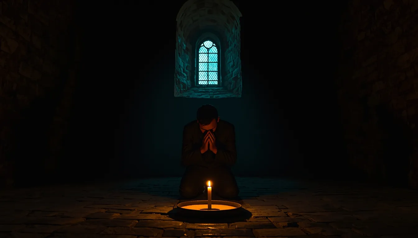 Vergib dir selbst — Mann kniet in alter Steinkirche in Georgien mit Kerze — Mathias Gottwald